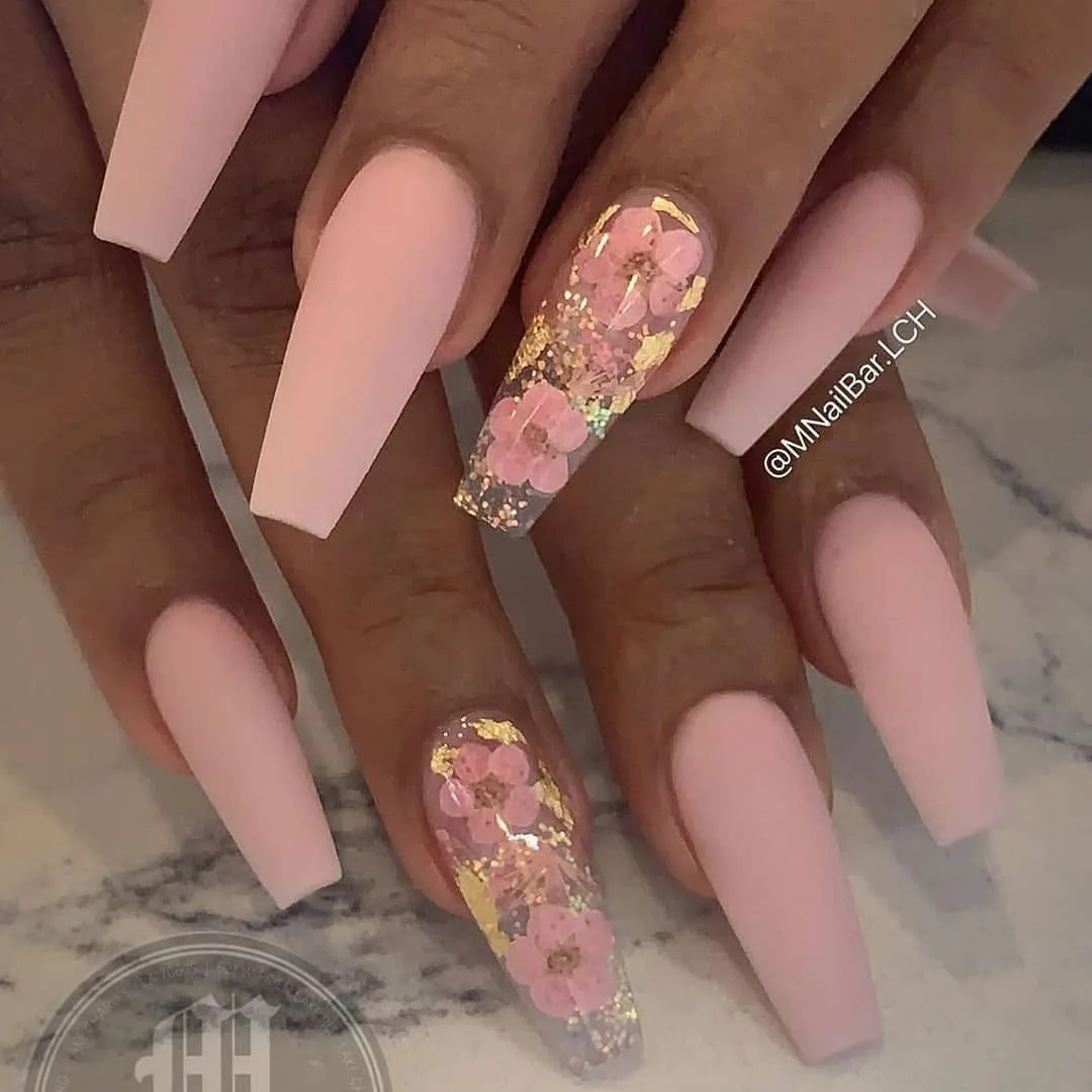 Pink nude coffin nails with gold foil flower accents