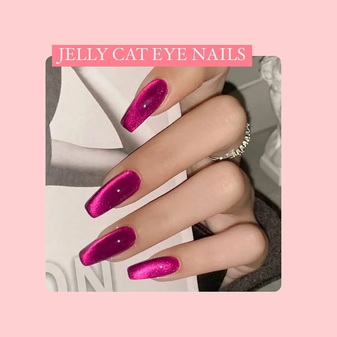 Red Cat-Eye nail design: magenta chrome cat-eye long almond (jellycat)