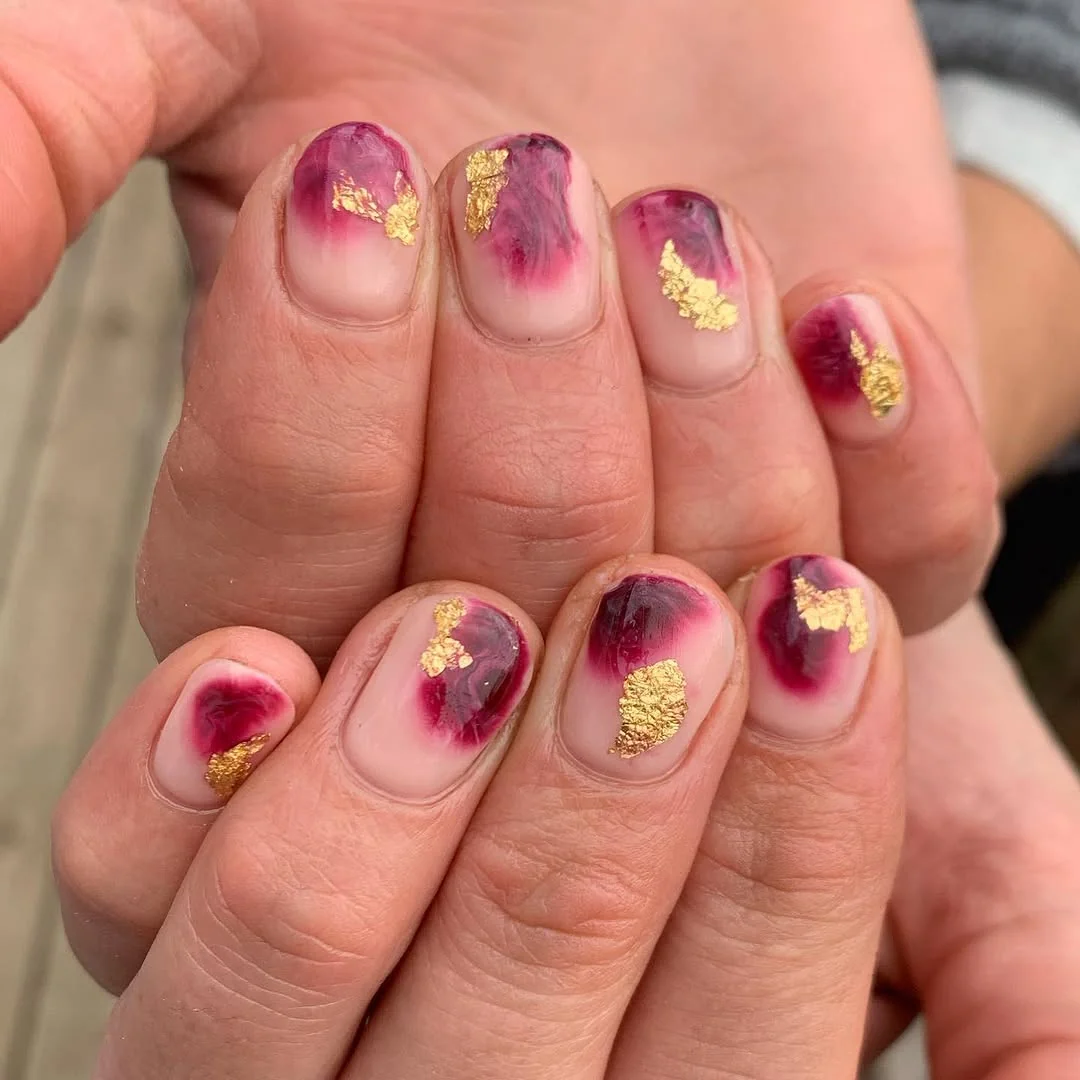 Burgundy Gold Foil nail design idea
