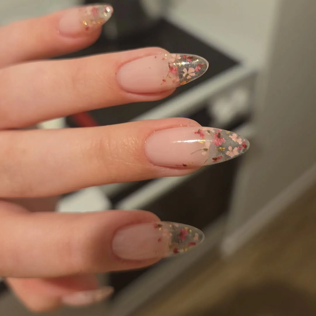 Glitter Fall French nail design: nude almond gold glitter french