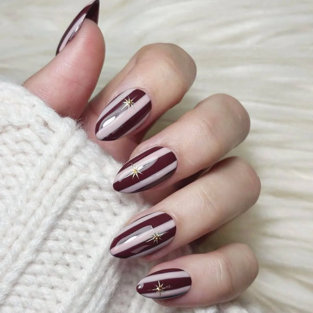 Burgundy Stripe Short nail design idea