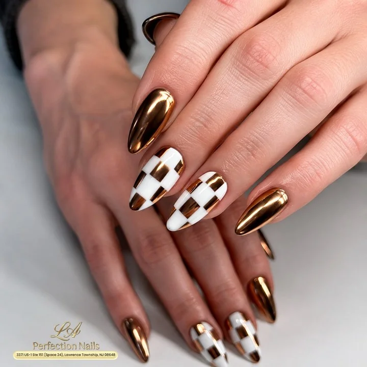 Gold Chrome Checker Nail Design Gold Chrome Checker nail design idea