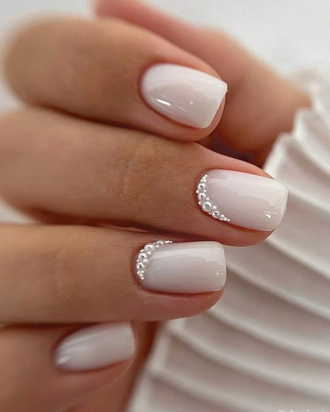 White Short Accent Nail Design White Short Accent nail design: milky white short square pearl accent