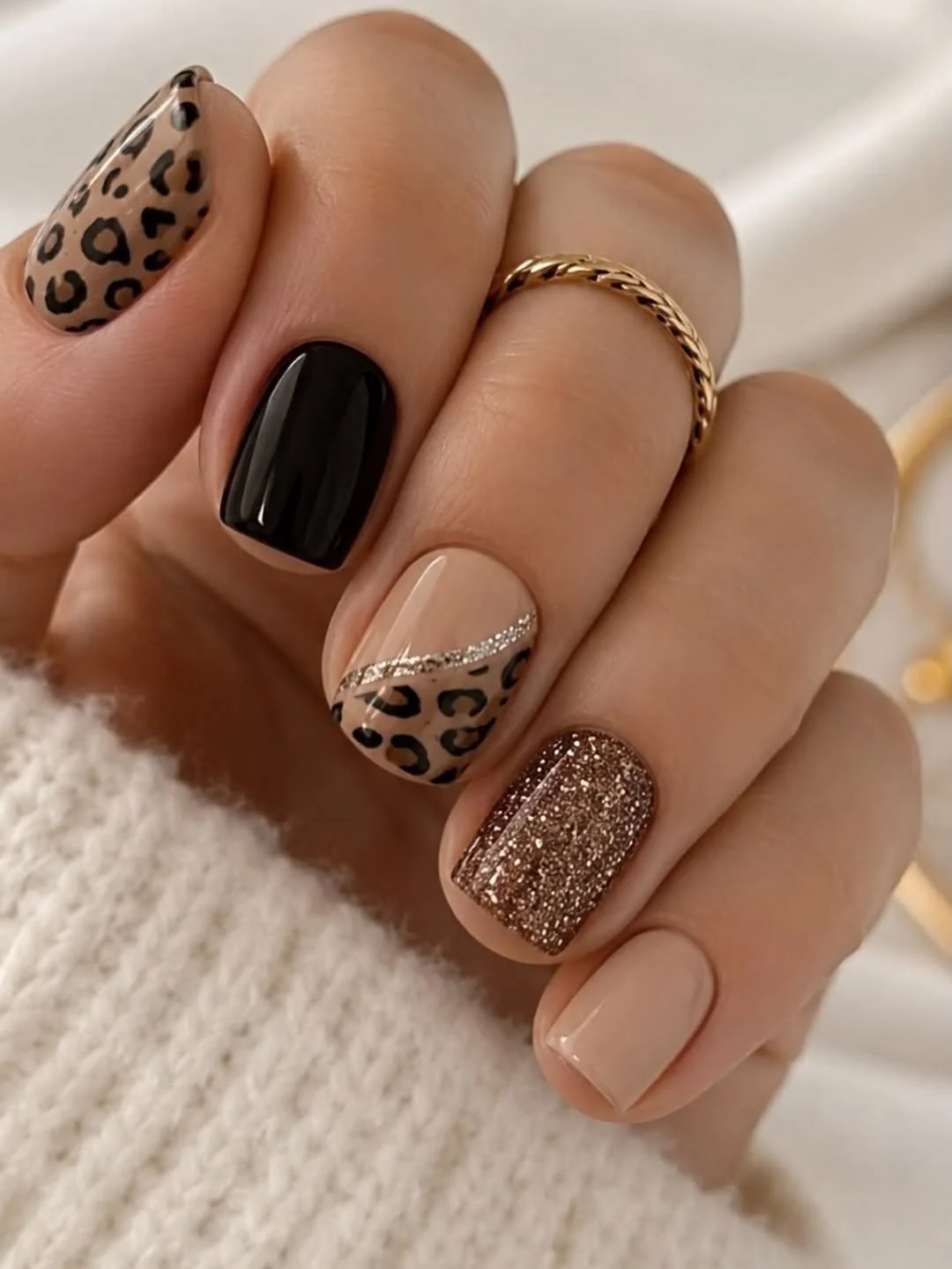 Short nails with leopard print, black and glitter accent nails in neutral browns