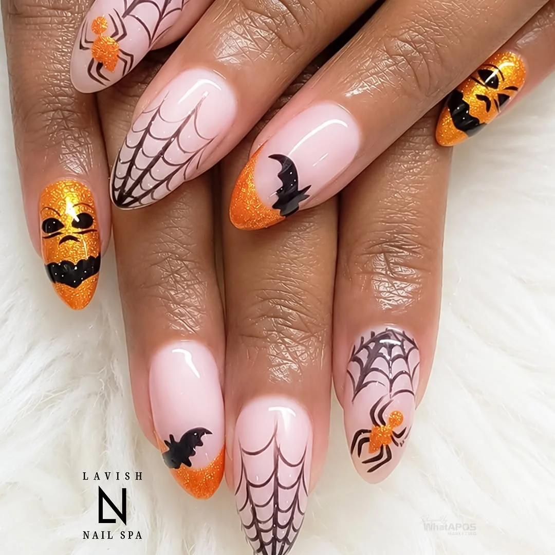 Pumpkin Web Almond Nail Design Pumpkin Web Almond nail design idea