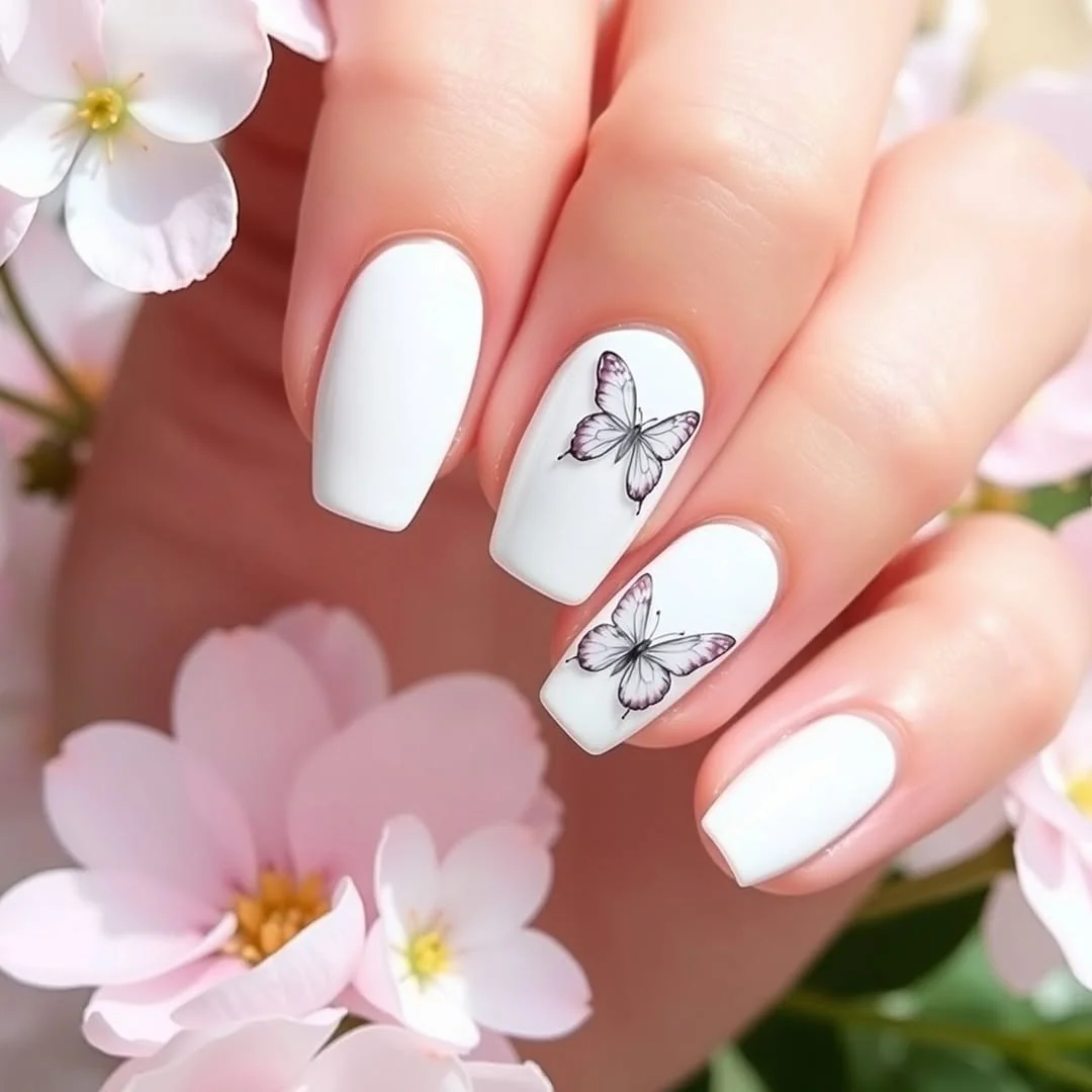 White square nails with black outlined butterfly accents against spring flowers