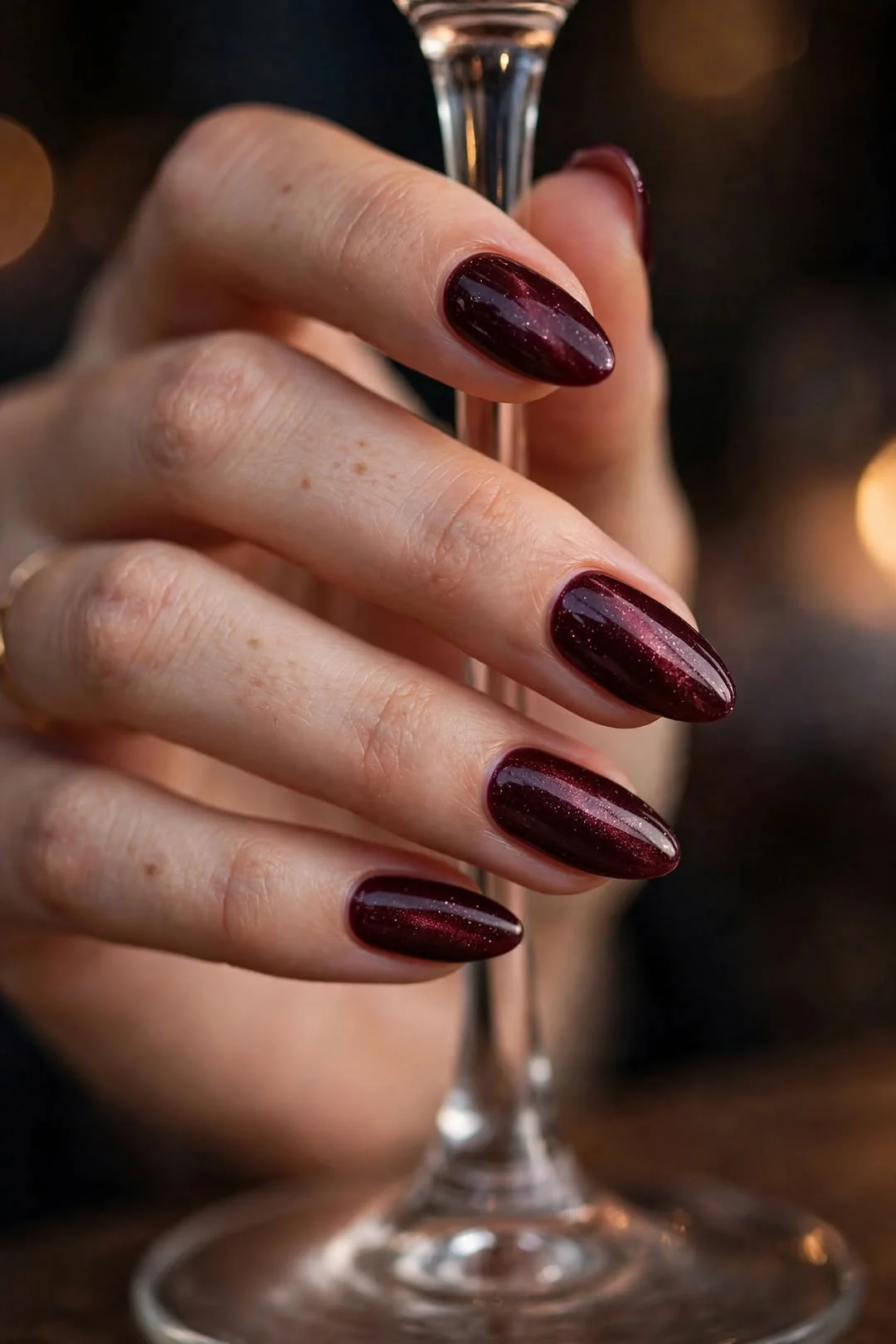 Long dark burgundy almond nails with a glossy finish
