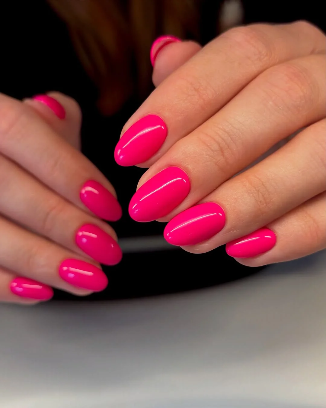 Neon Pink Oval nail design: neon hot pink almond