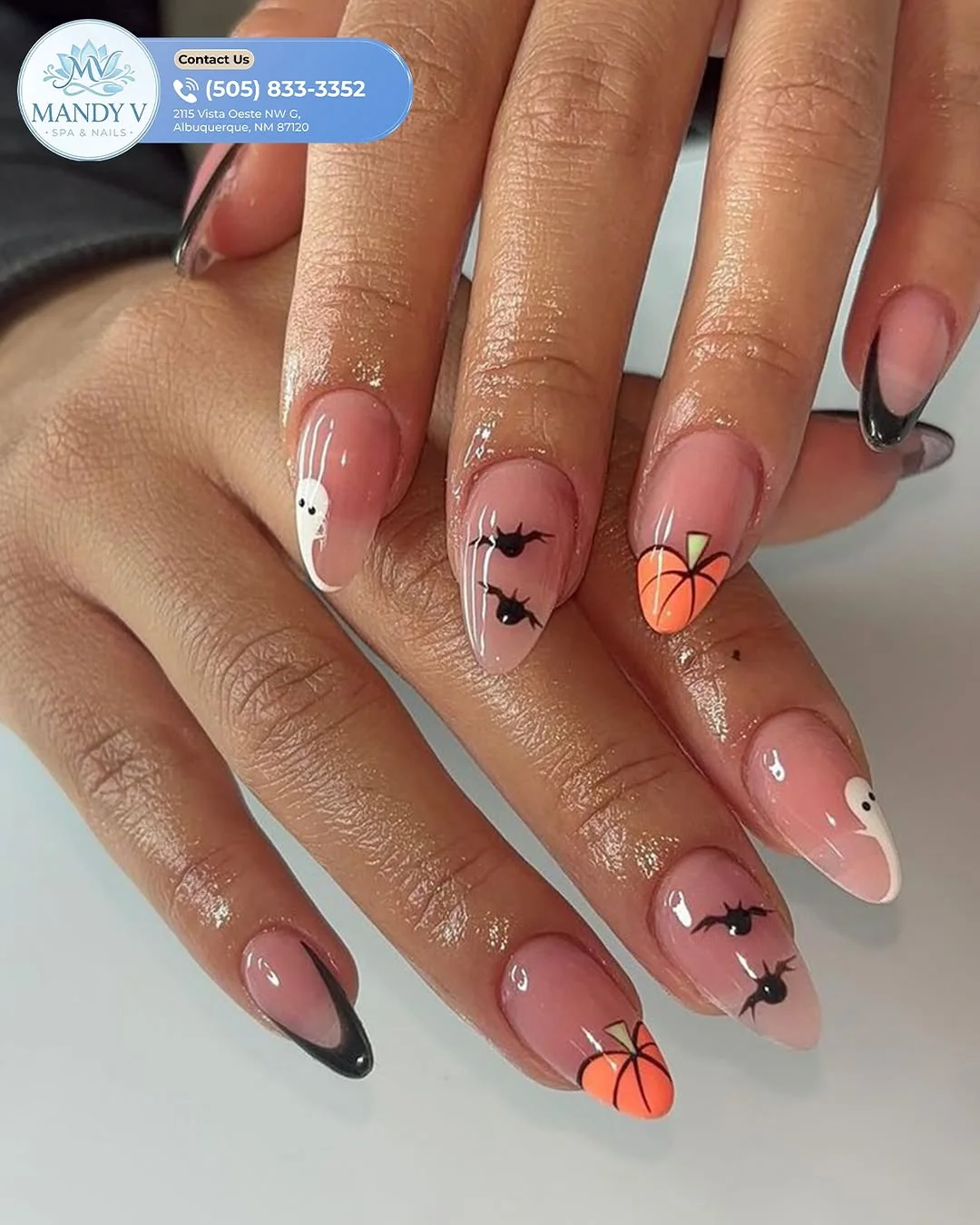 Bat Pumpkin Almond nail design idea