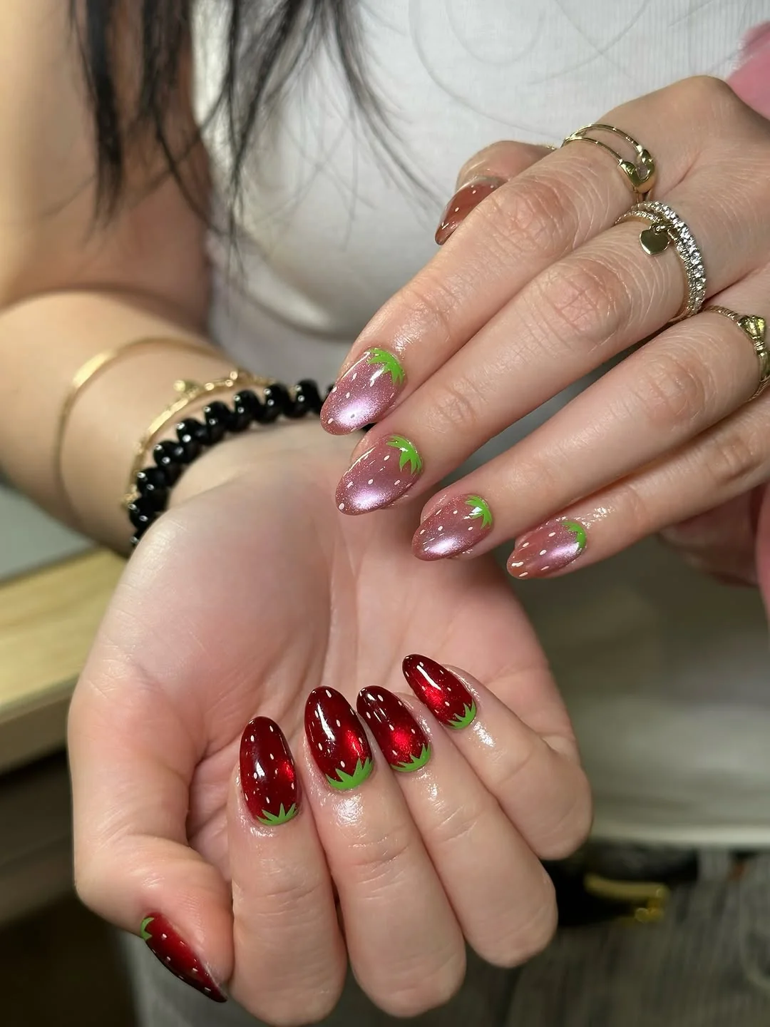 Heart Scatter nail design: pink/olive red hearts
