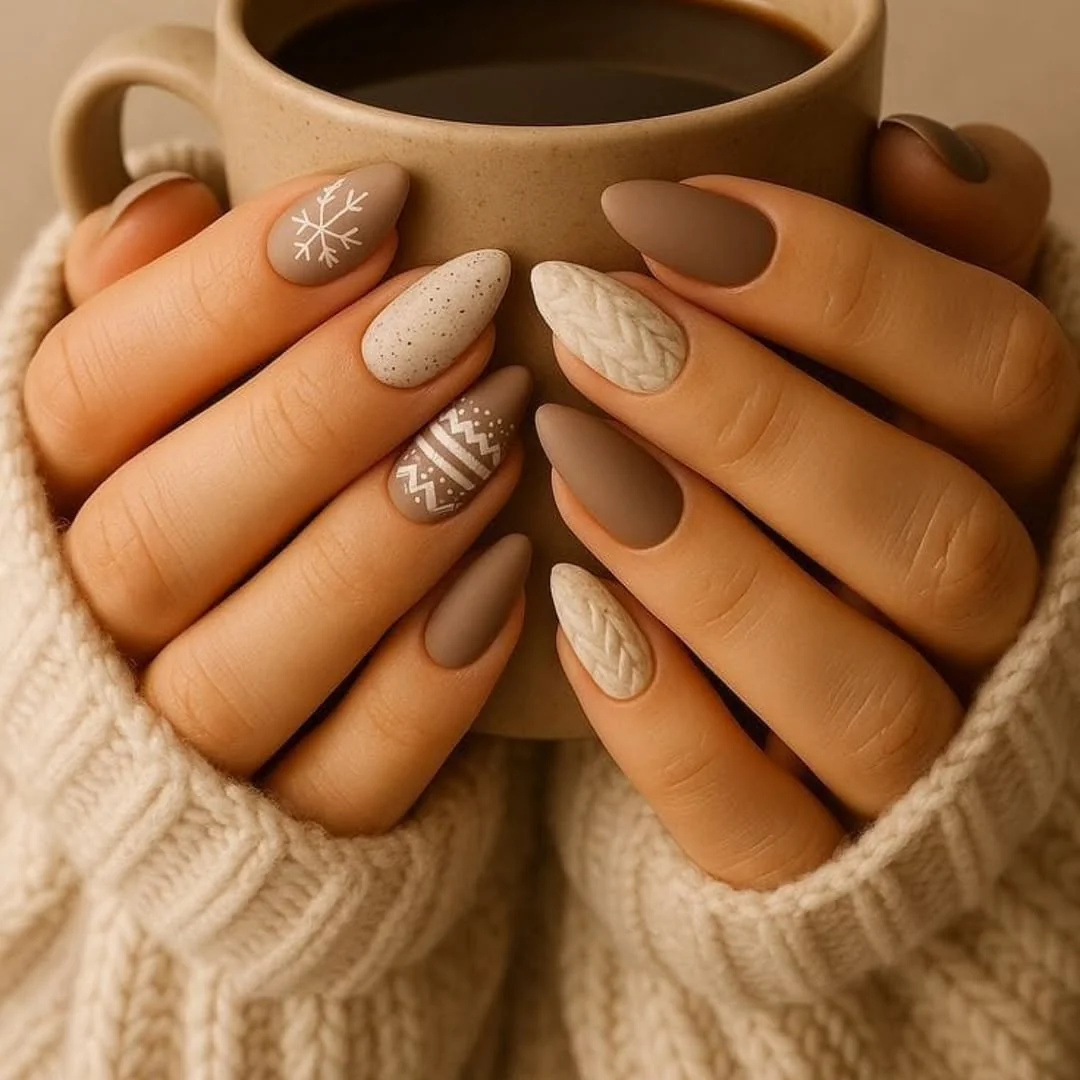 Brown and tan almond sweater nails with knit texture and a snowflake accent