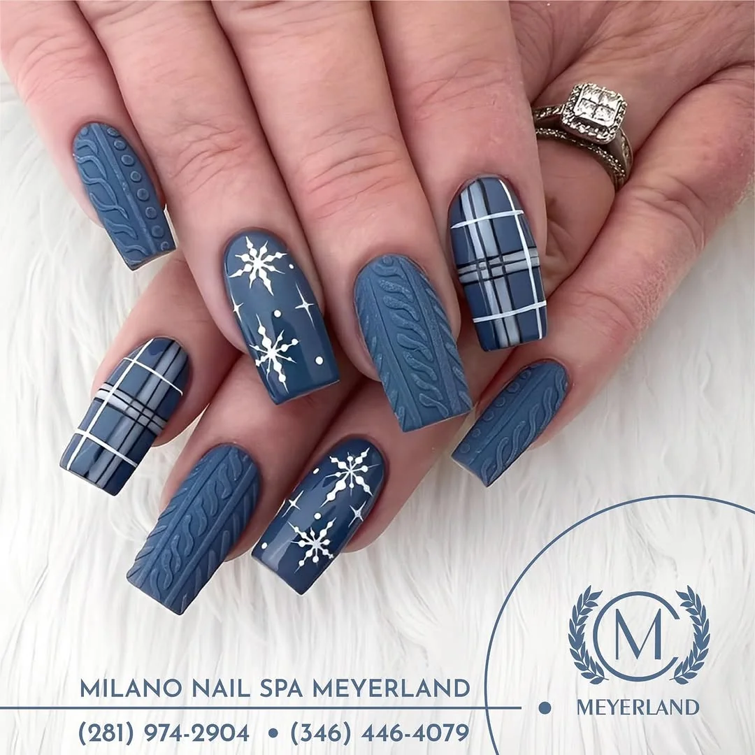 Blue square nails with cable-knit texture, plaid and snowflake art