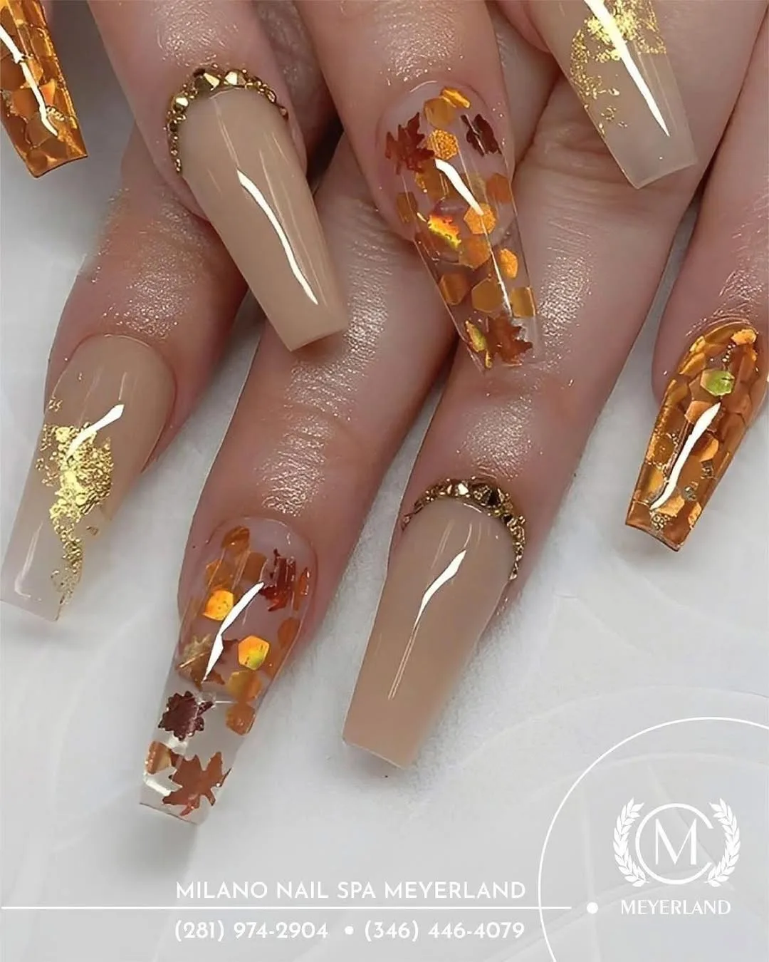Nude coffin nails with amber and gold foil accents