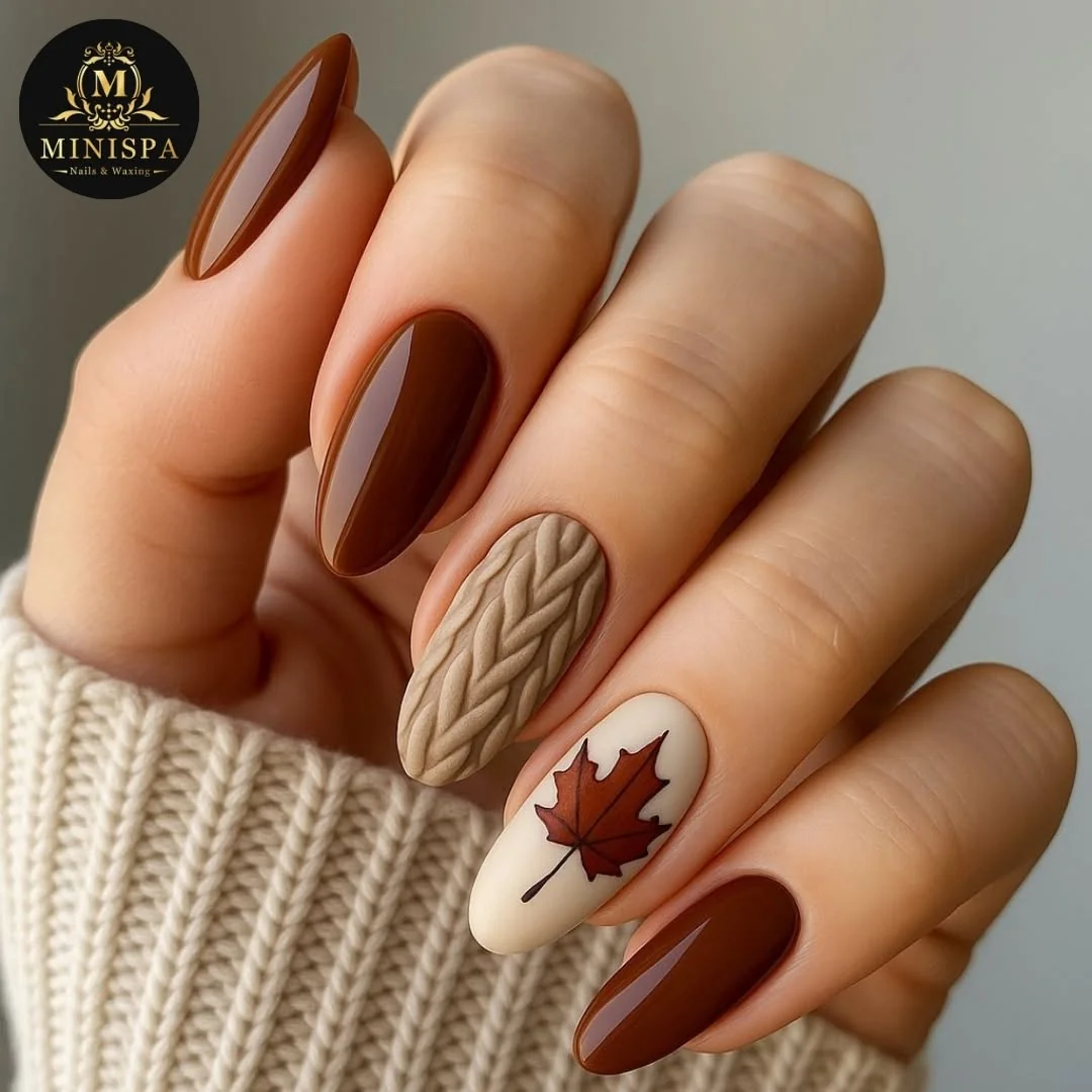 Brown almond nails with cable-knit and maple leaf accent nails