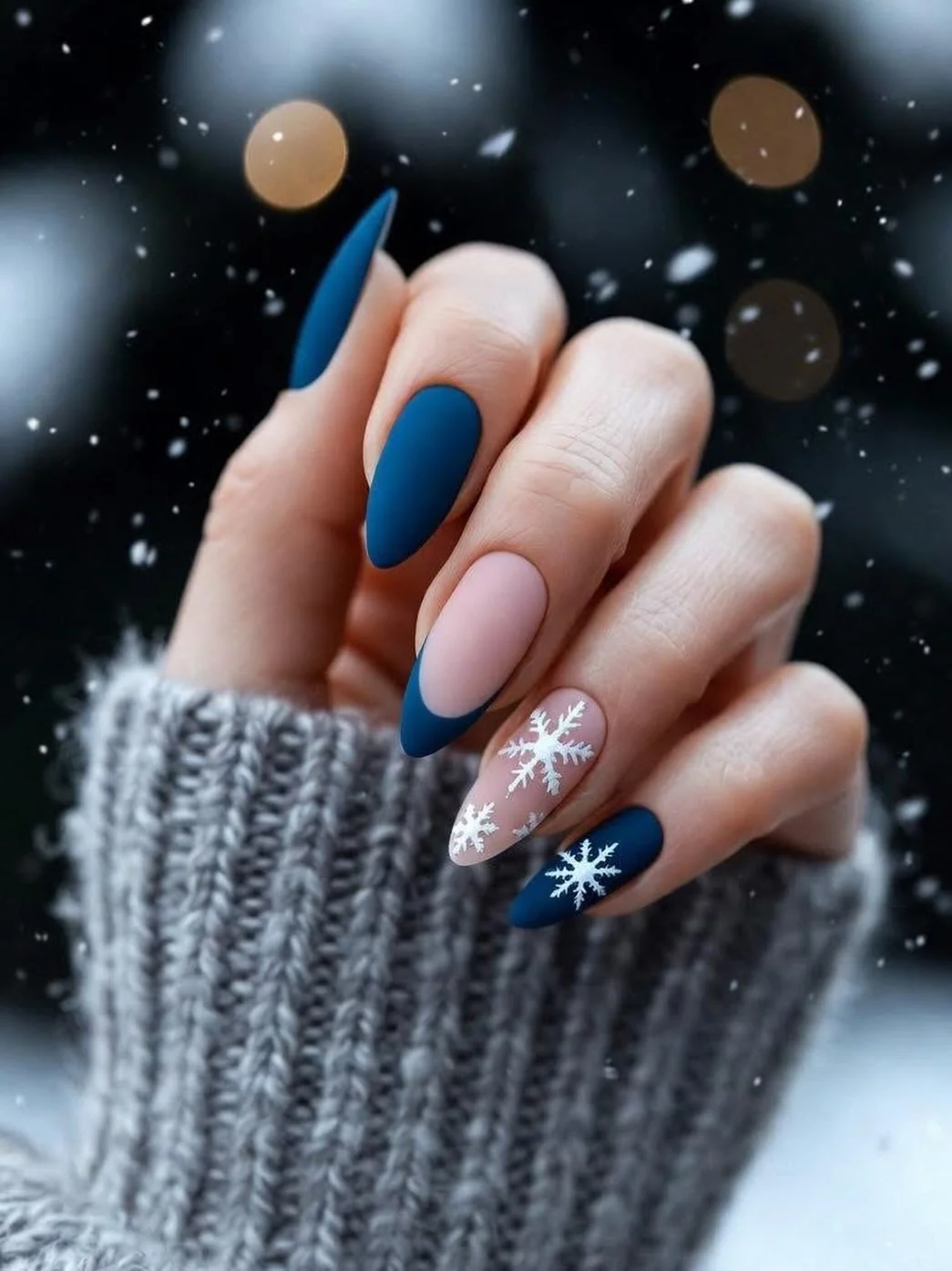 Matte navy and sheer nude almond nails with a snowflake accent