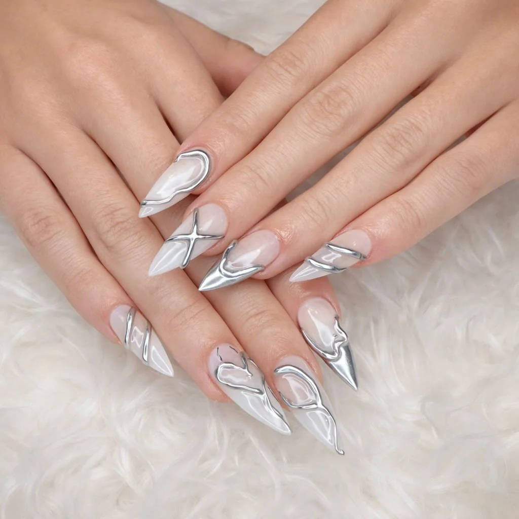 Silver chrome marble line art on white stiletto nails