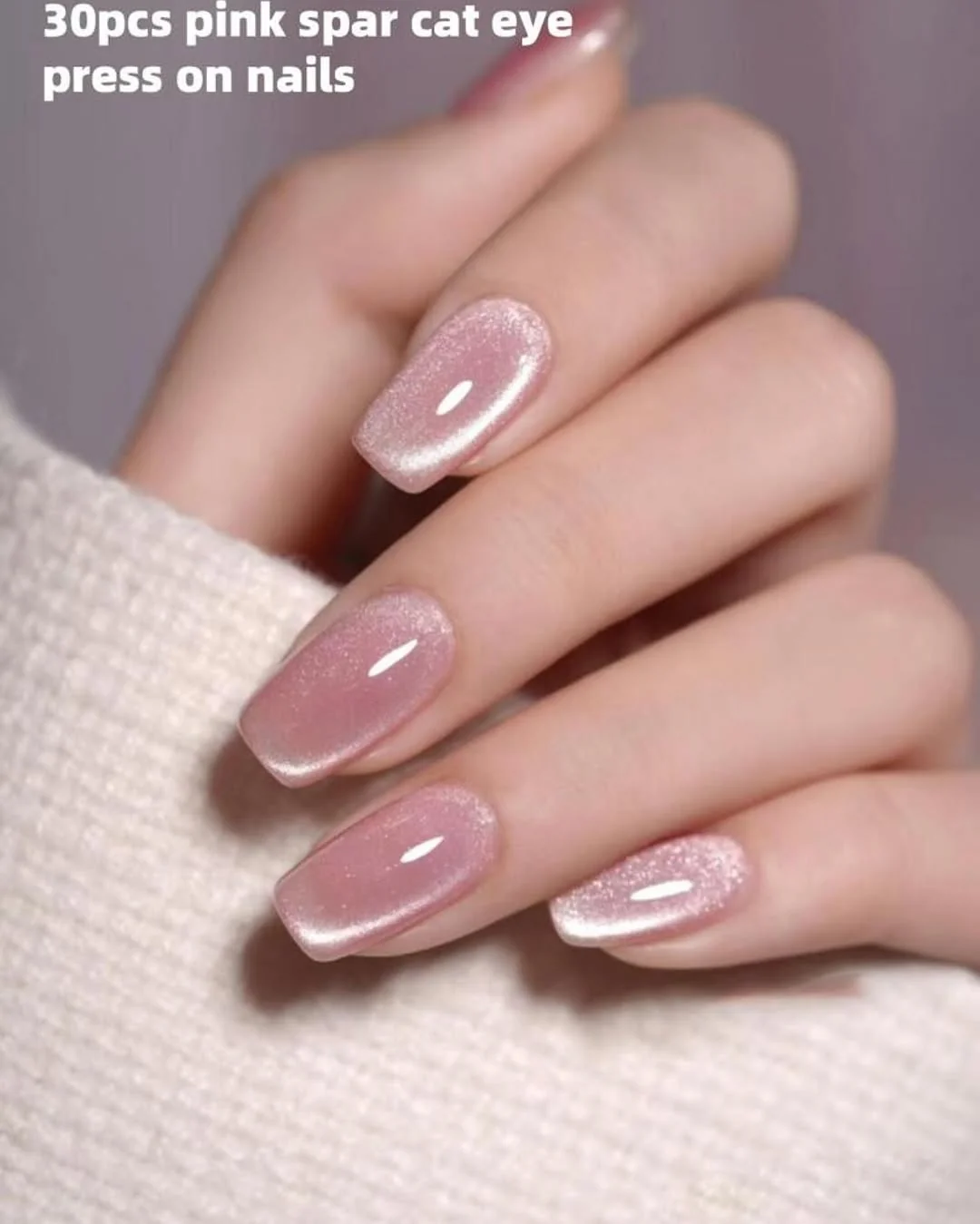 Soft pink square cat-eye nails with glitter accent nails