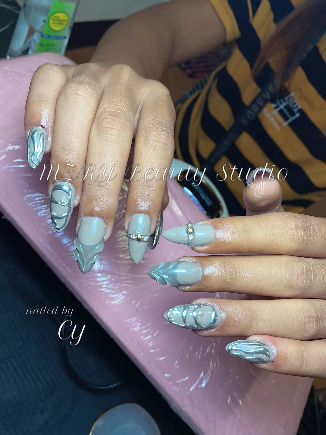 Gray Swirl Almond nail design idea