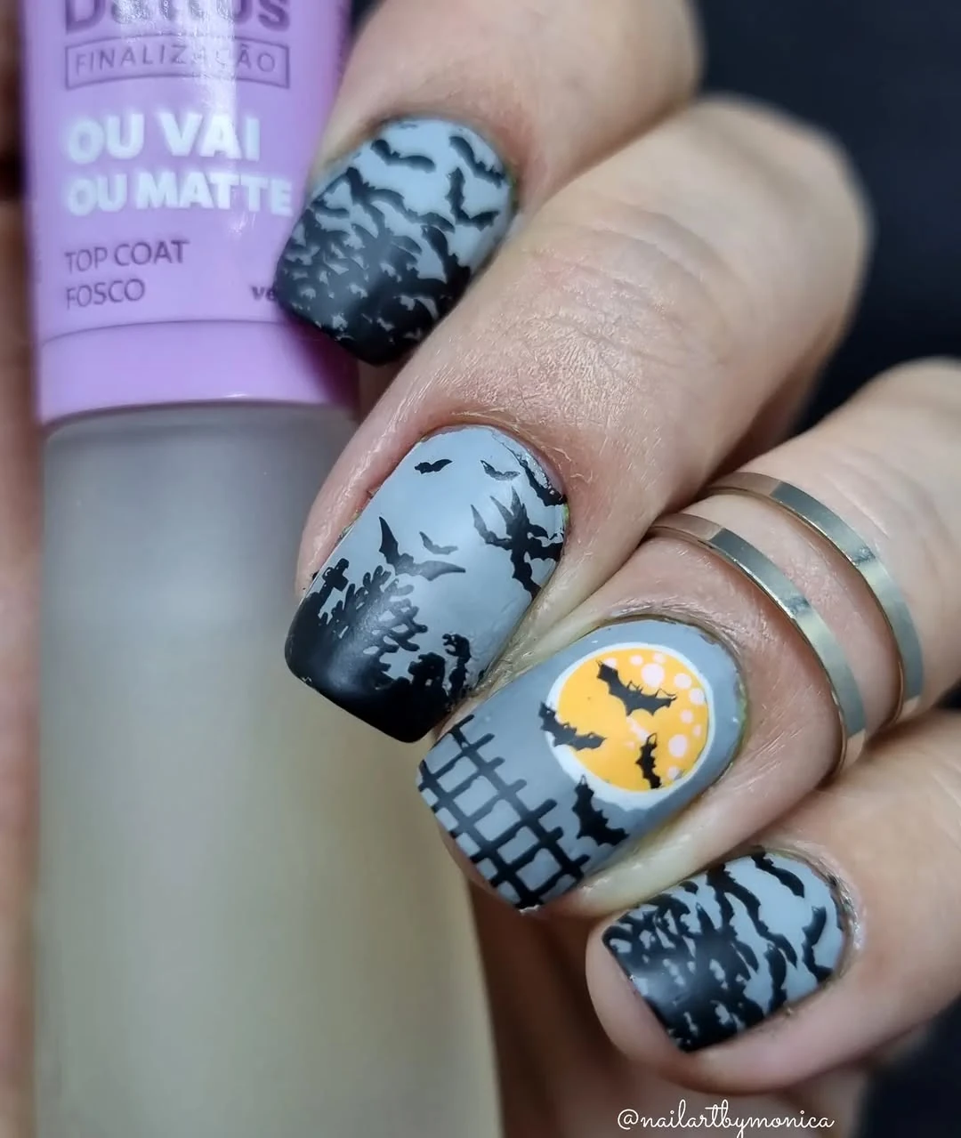 Bat Moon Forest nail design idea