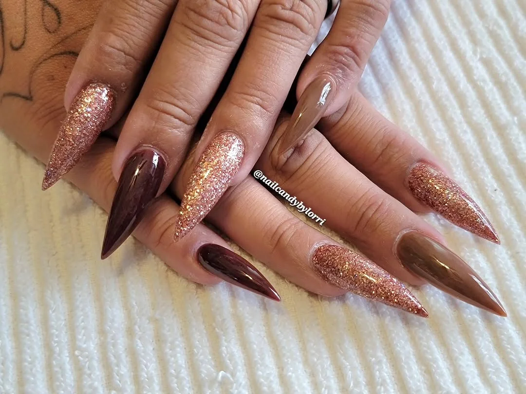 Brown Glitter Stiletto Nail Design Brown Glitter Stiletto nail design idea