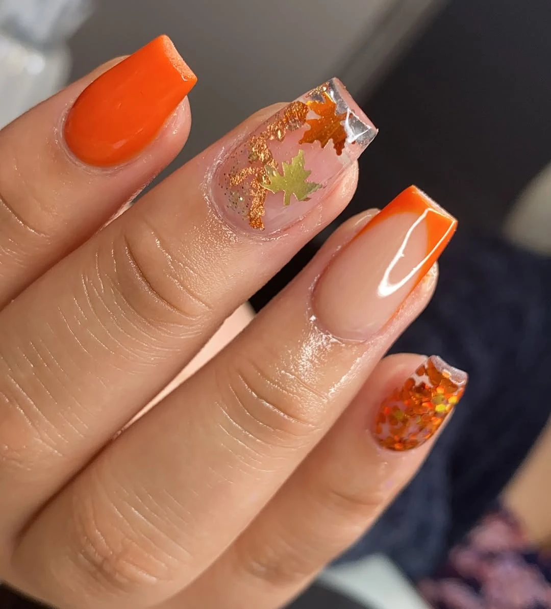 Rust Leaf Almond nail design idea