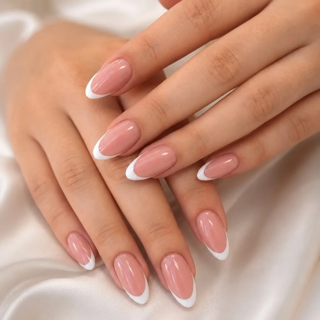 Classic white French tip almond nails on sheer pink base
