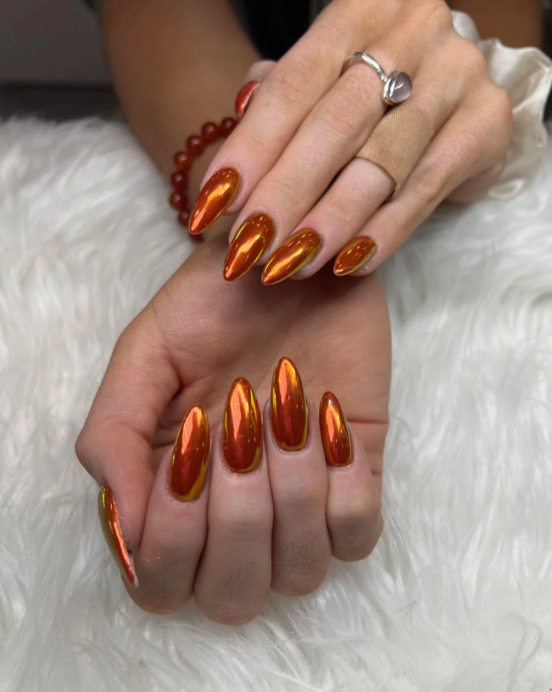 Copper chrome metallic almond nails