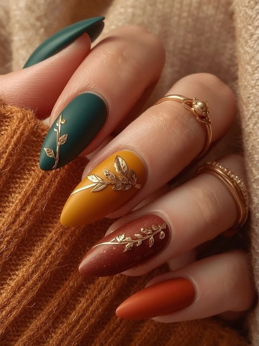 Matte Forest Green Nail Design Matte Forest Green nail design: dark green copper almond leaf