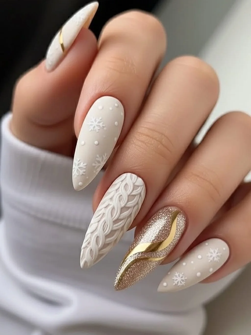 Cream cable-knit almond nails with gold foil and snowflake accents