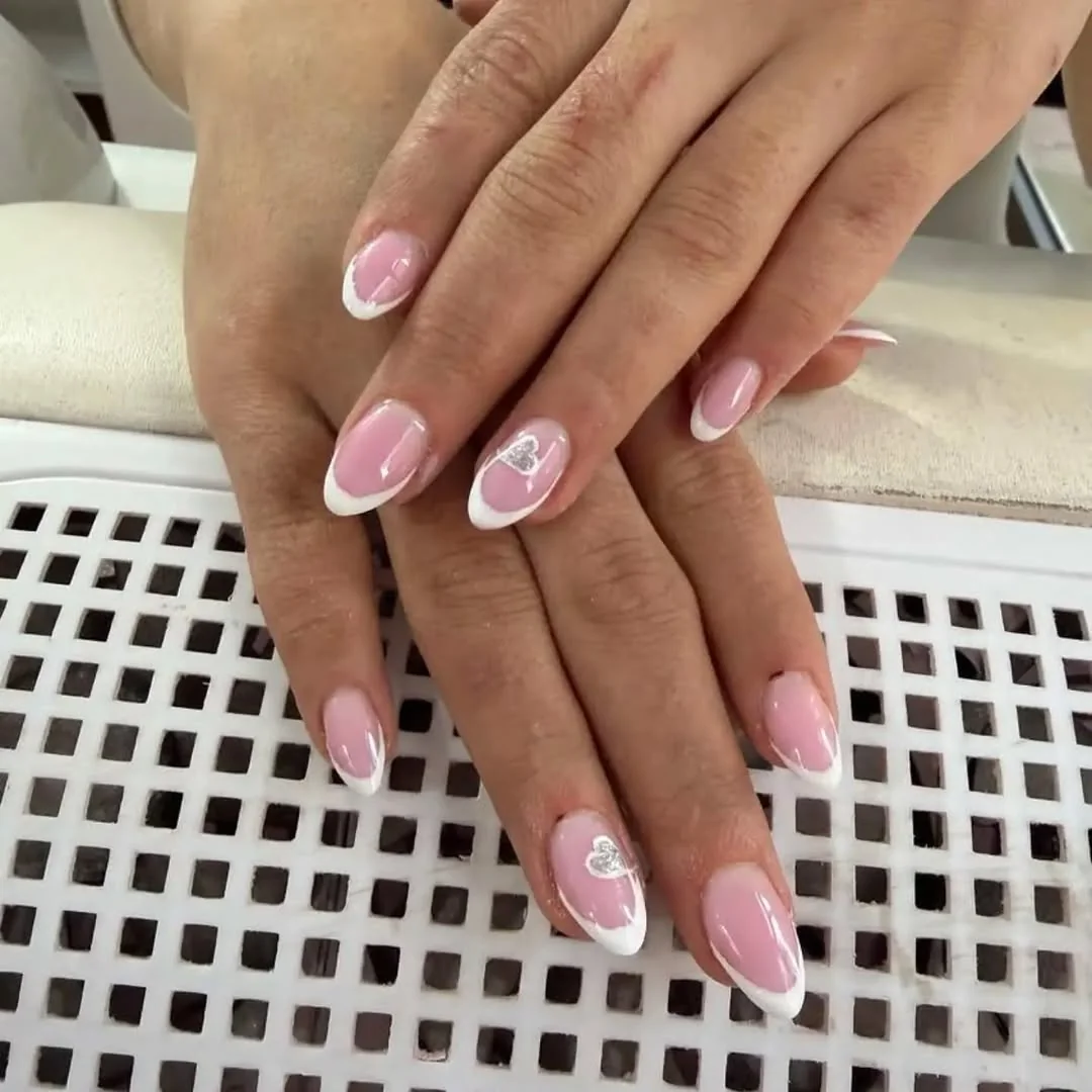 Heart White French nail design idea