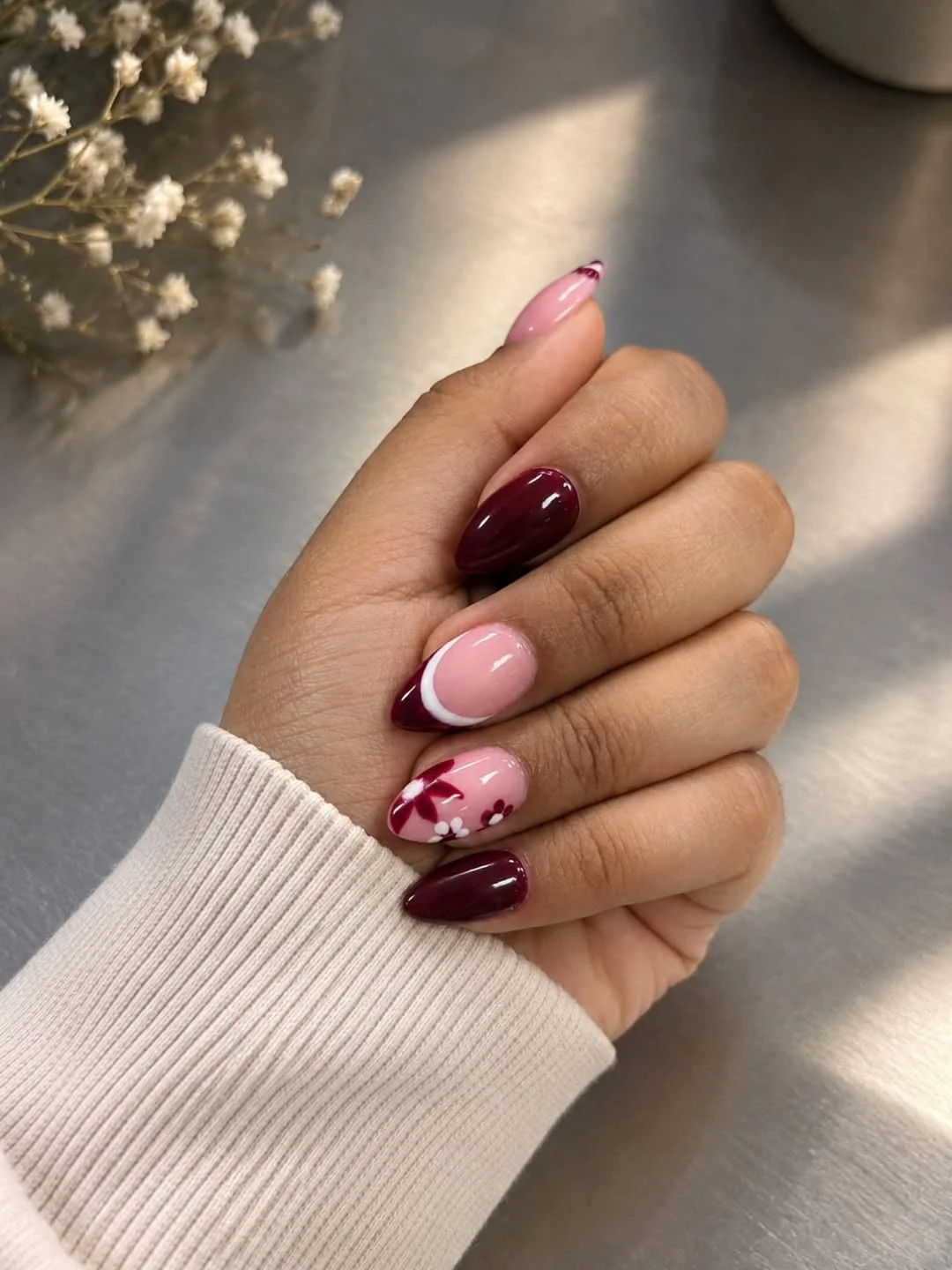 Burgundy Rose Accent Nail Design Burgundy Rose Accent nail design idea