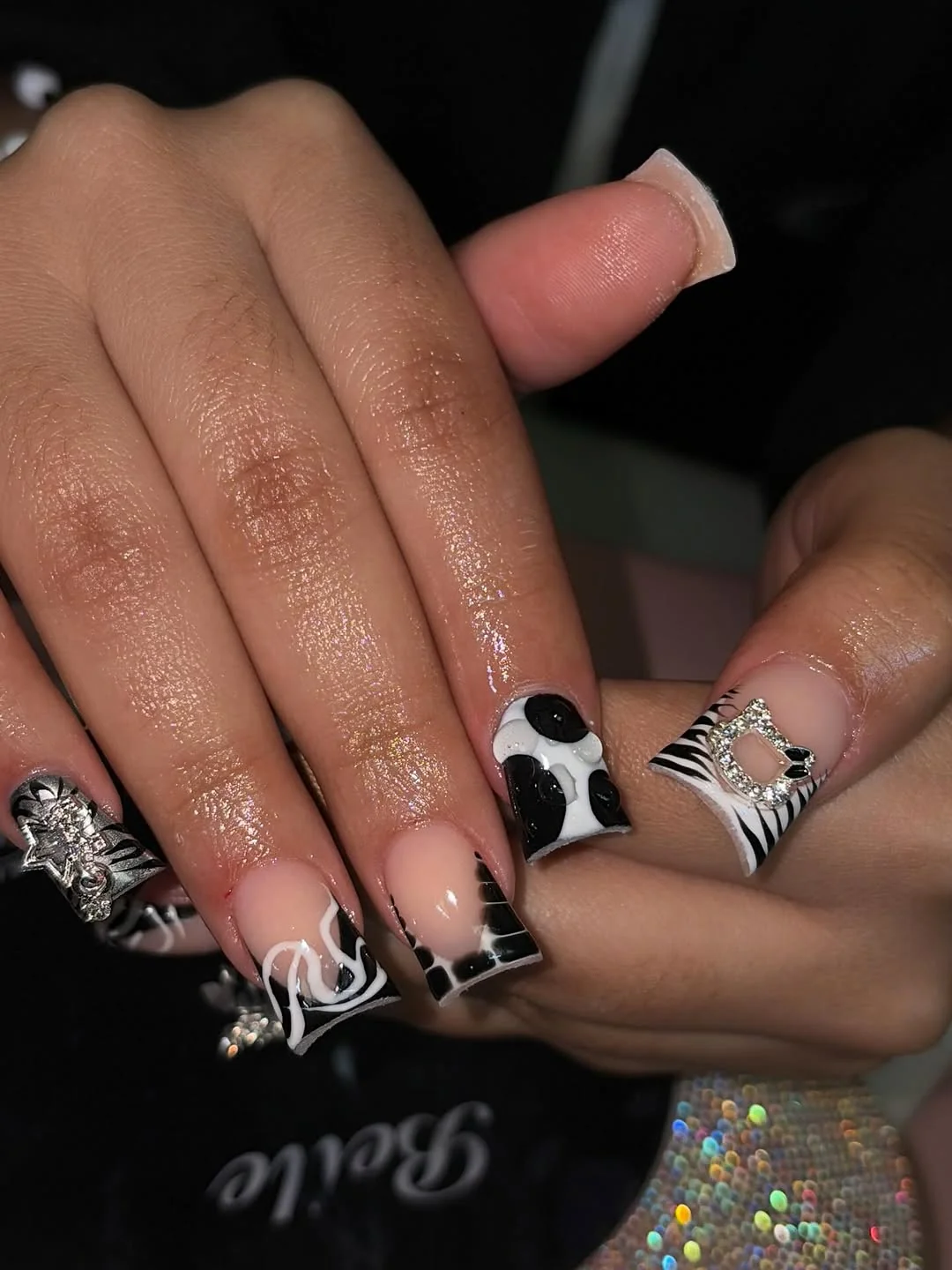 Black Cow Print nail design idea