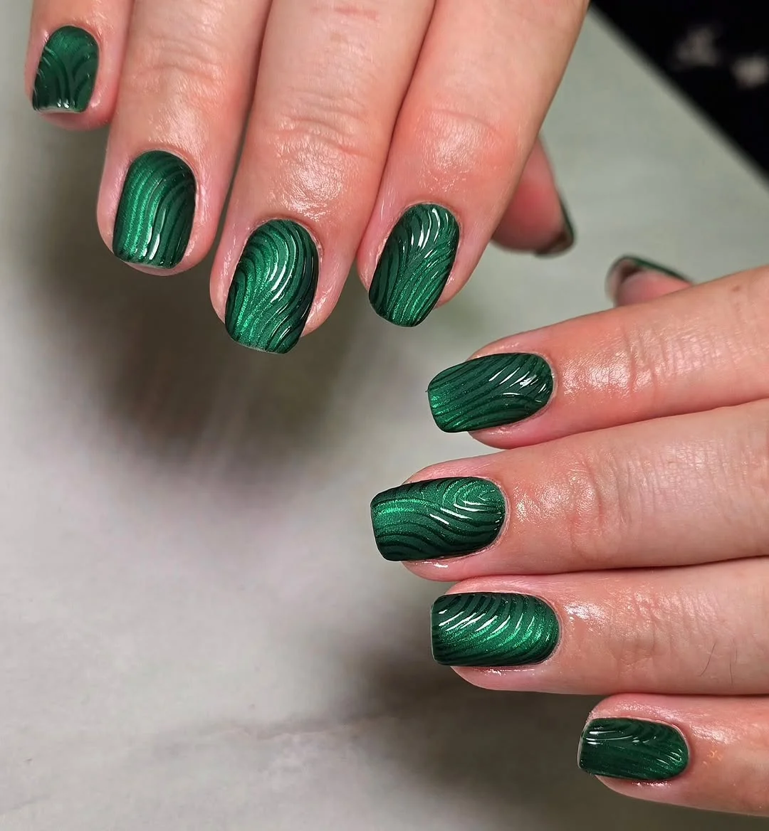 Teal Cat-Eye nail design: dark green short square cat-eye