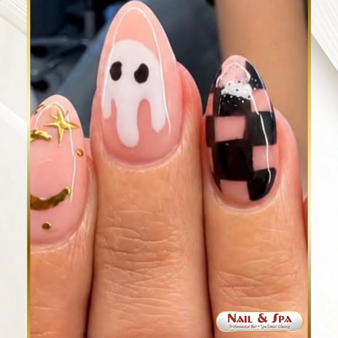 Ghost Checker Almond Nail Design Ghost Checker Almond nail design idea