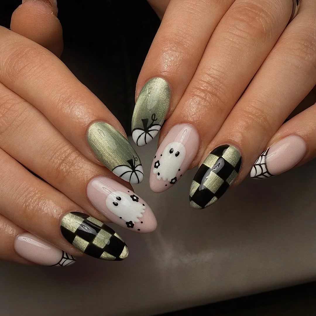 Olive Checker Nail Design Olive Checker nail design idea