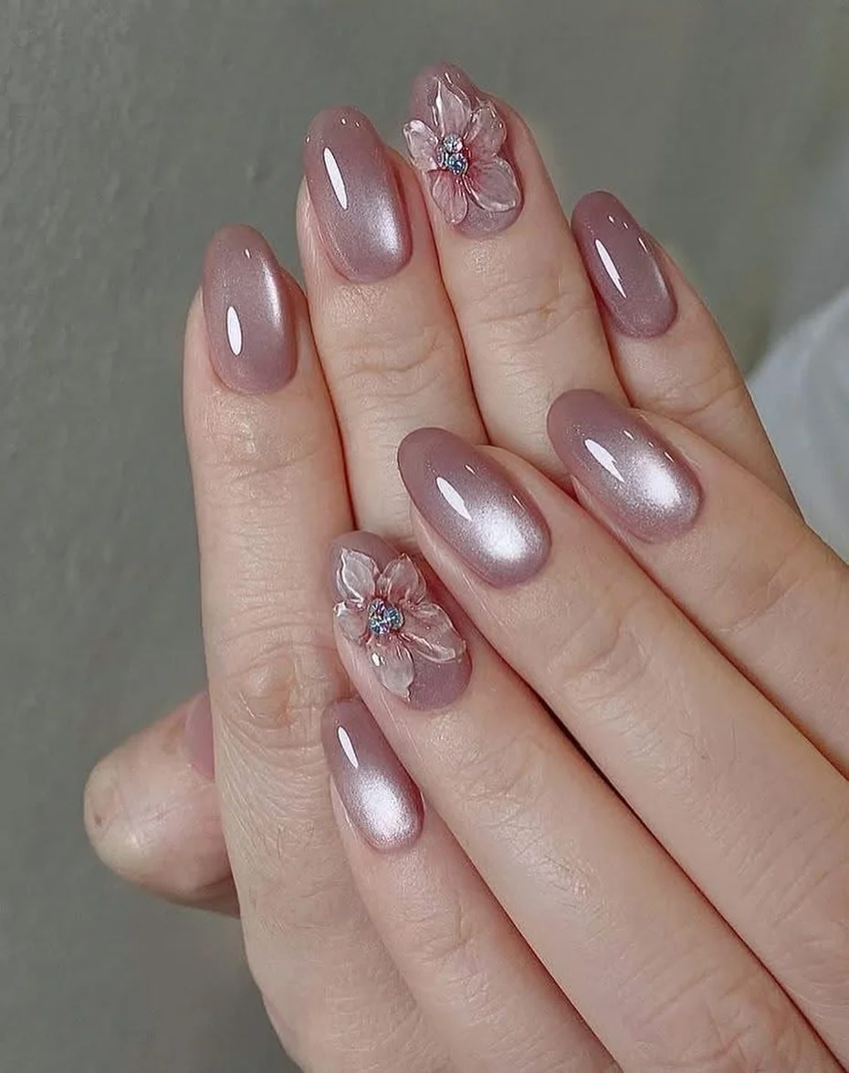 Opal Glazed Nails nail design: mauve chrome almond flower