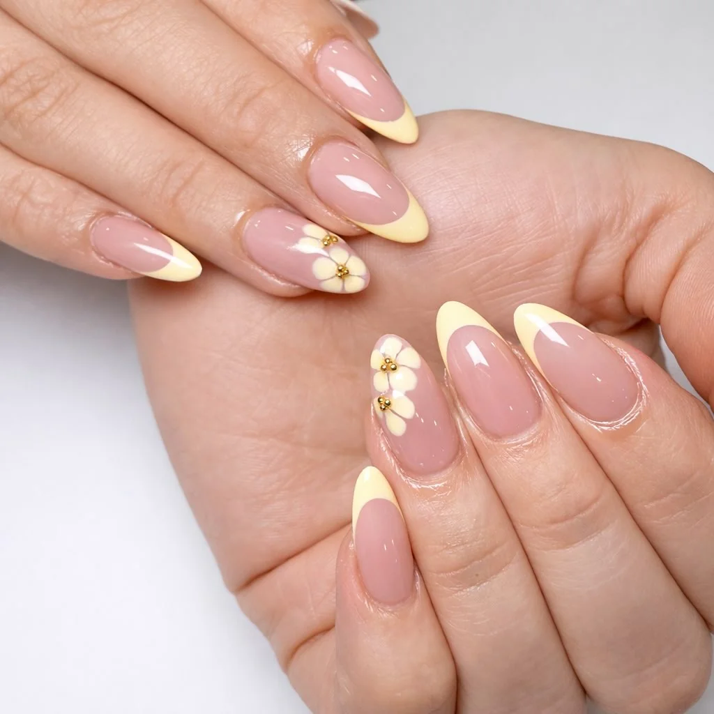 Nude almond nails with pastel yellow French tips and white flower accents
