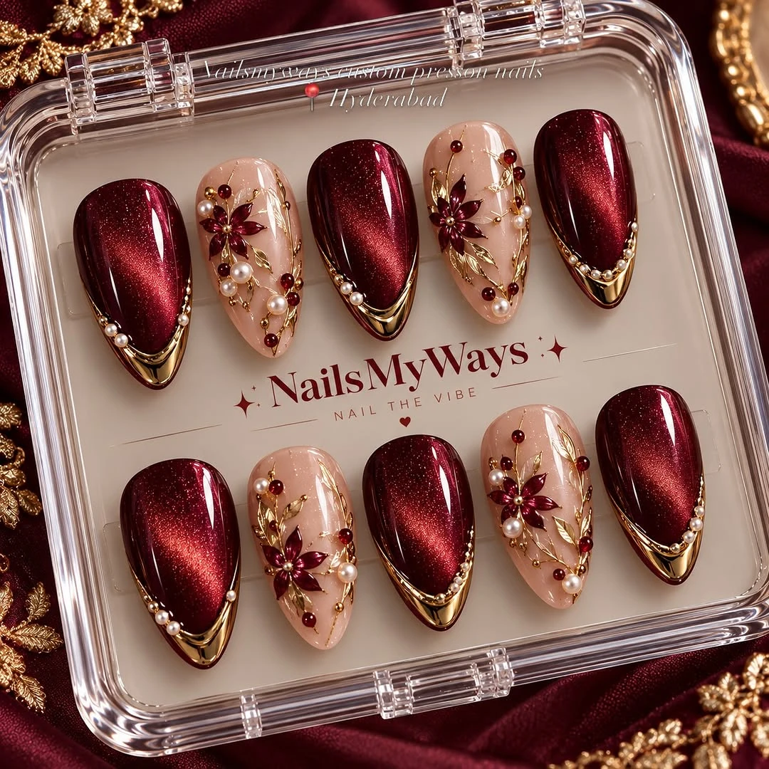 Burgundy Blossom Nail Design Burgundy Blossom nail design idea