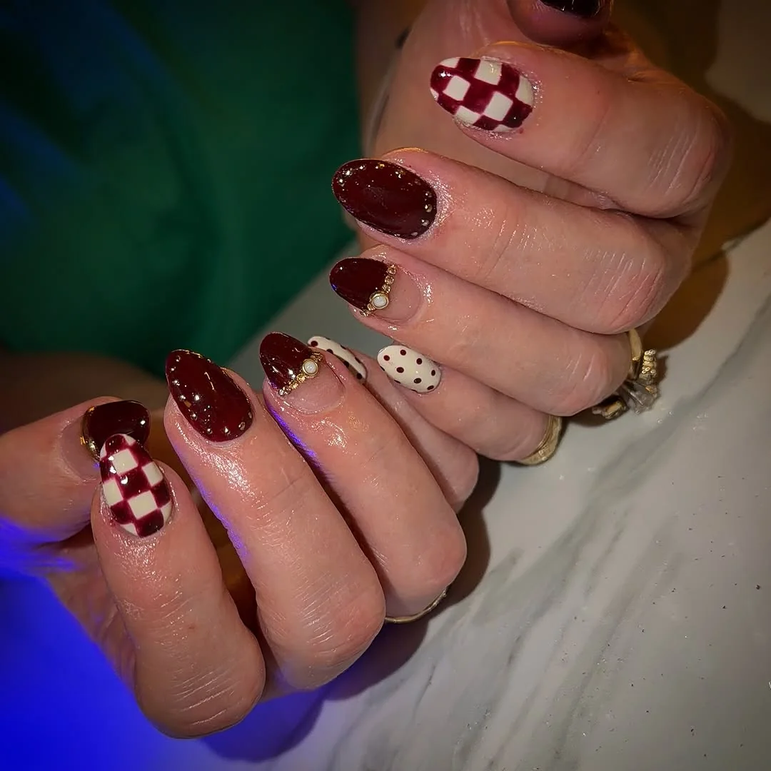 Burgundy Checker Nail Design Burgundy Checker nail design idea