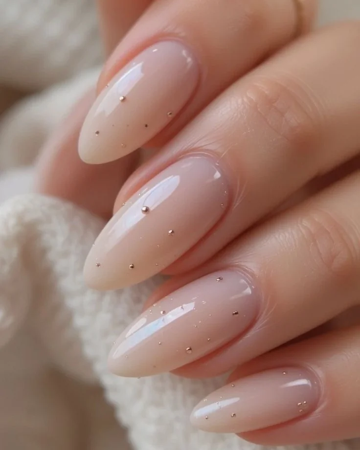 Milky nude almond nails with tiny gold dot accents for a fall wedding