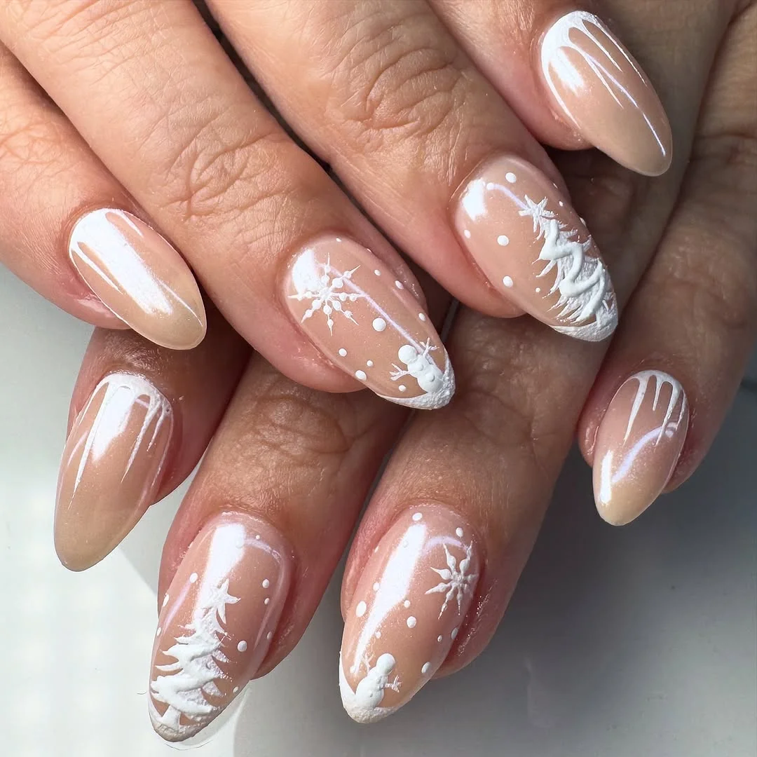 Pearl chrome almond nails with white snowflake and winter tree art