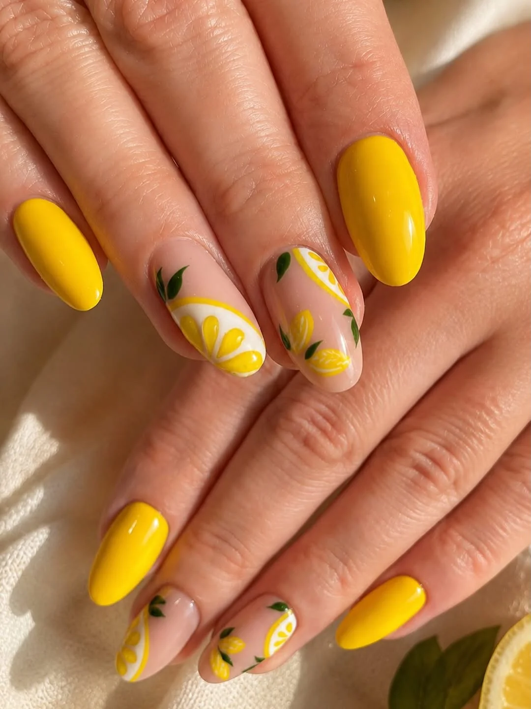 Yellow almond nails with lemon slice art on nude accent nails