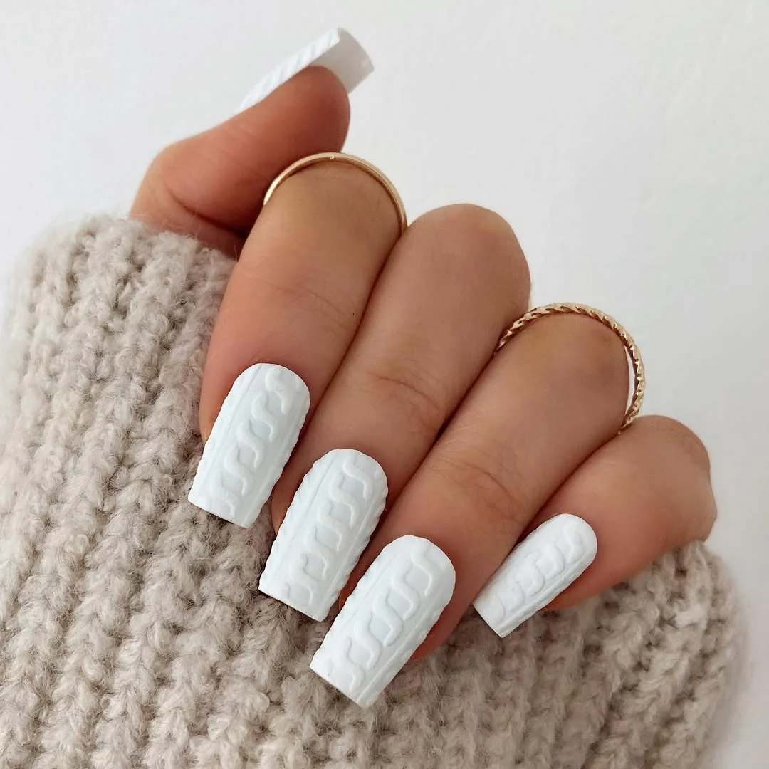 White embossed cable-knit sweater square nails