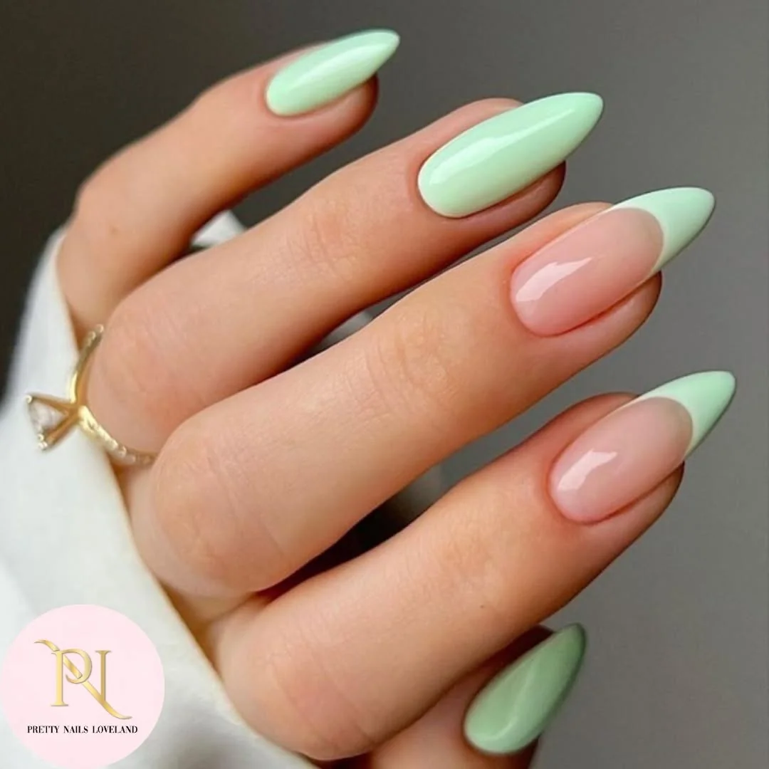 Mint White Stiletto nail design: mint green french almond