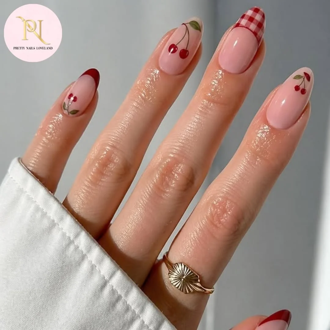 Single Red Heart nail design: nude long red tiny heart/accent
