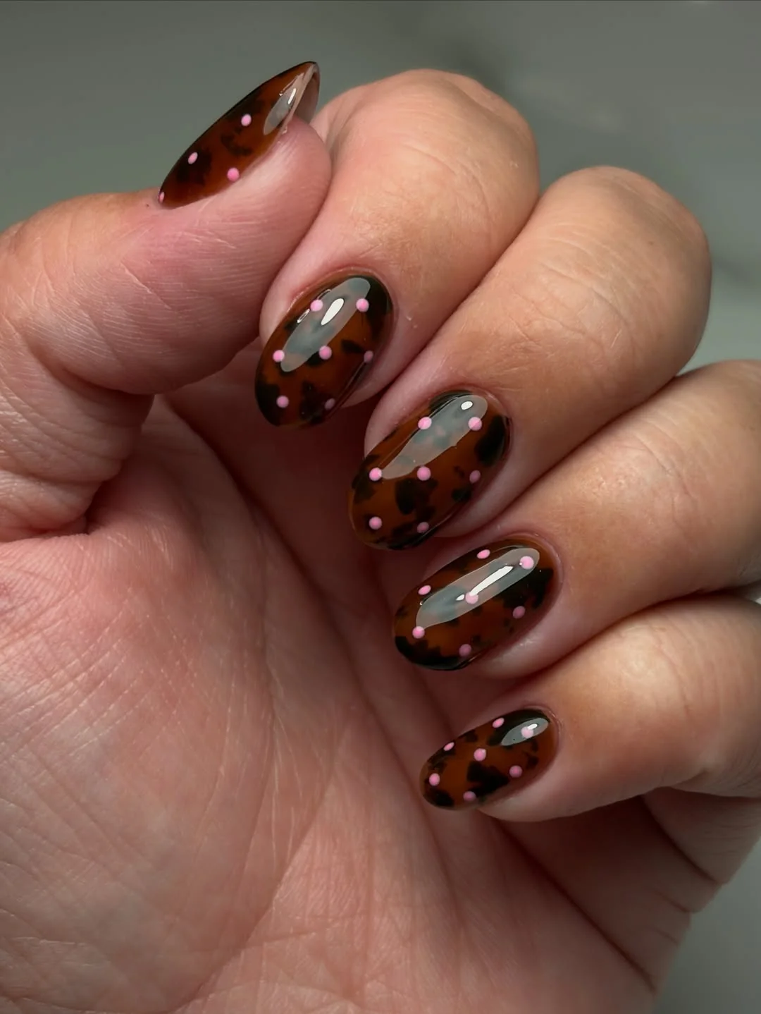 Sheer jelly tortoiseshell short nails with dark brown accent nails