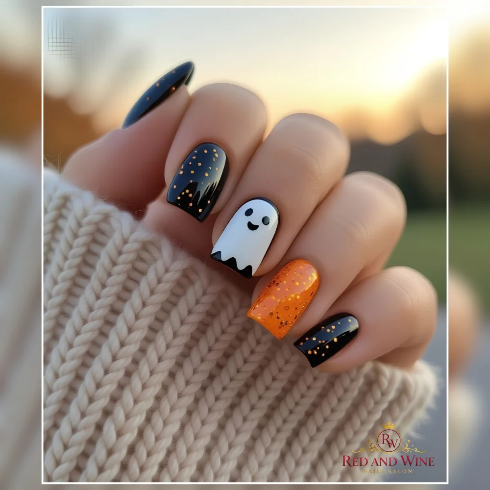 Short square nails with a white ghost, black glitter and orange accent nails