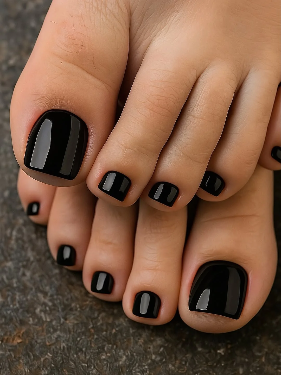 Black glossy square toenails pedicure