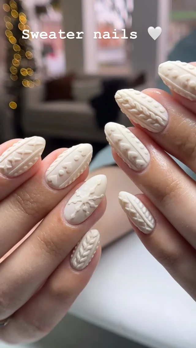 Cream cable-knit almond sweater nails