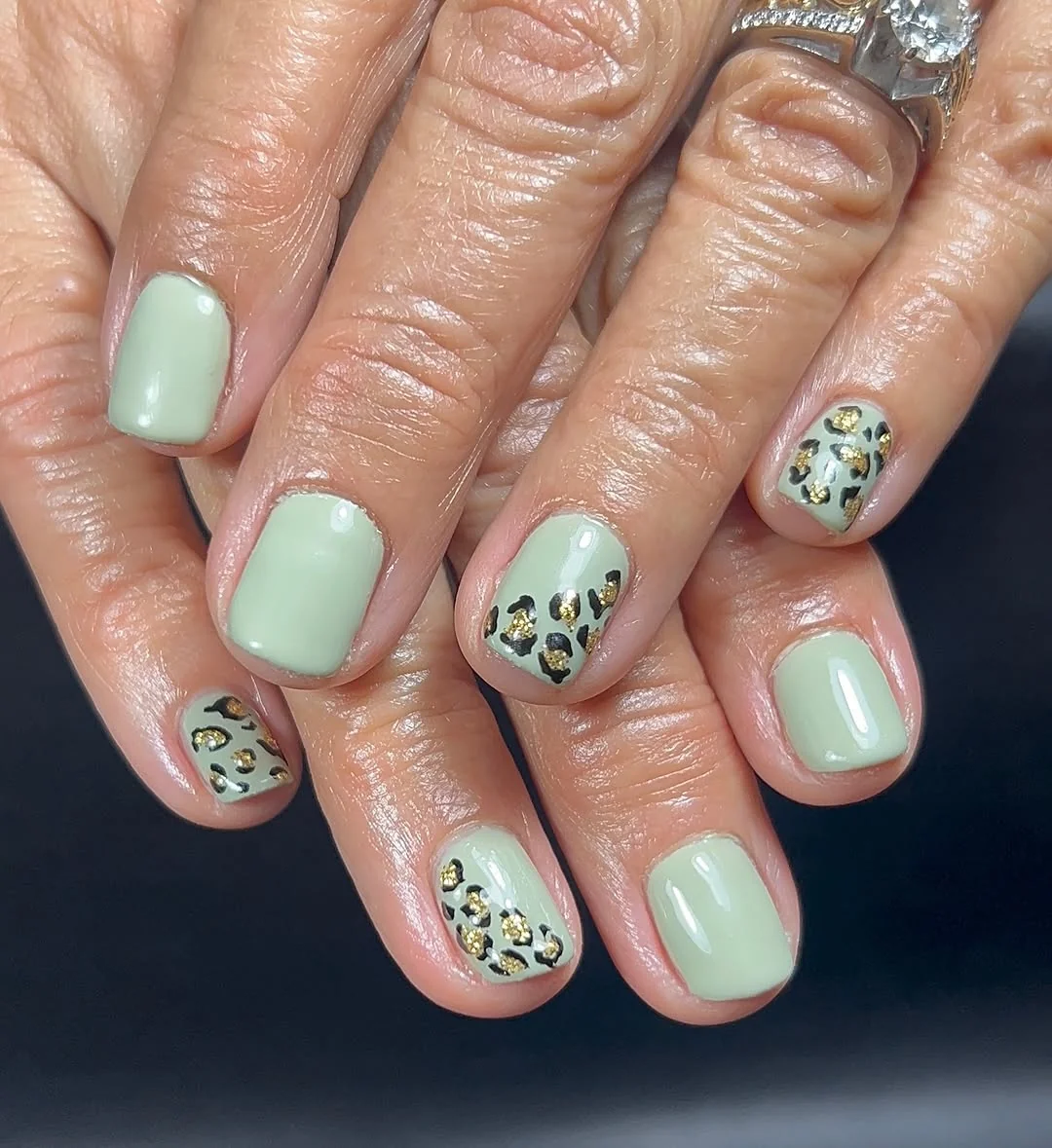 Short sage green nails with leopard print accent nails